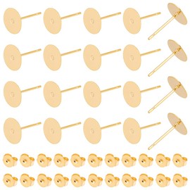 UNICRAFTALE Pack of 50 Flat Round Stud Earrings 8 mm Golden Flat Pad Earrings Blank Stud Earrings Hypoallergenic Stainless Steel DIY Stud Earrings Crafts for DIY Earring Jewellery Making