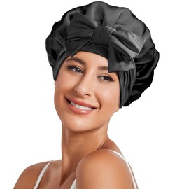 Necole 22 Momme 100% Mulberry Double Silk bonnet for sleeping women Double Layer lined Stay On Head for Hair Care with Elastic Tie Band Non-Slip Silk Turban Curly Hair silk hair cap Black