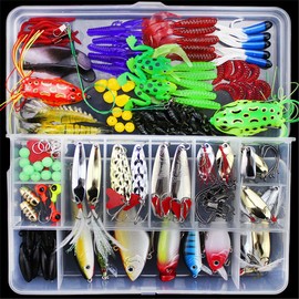 RoseFlower 141 Pieces Fishing Lure Kits Mixed Universal Artificial Soft Bait Sets Including Spinning Lures, Plastic Worms, Frogs, Single Hooks, Tackle Box - Freshwater Saltwater Fishing Equipment
