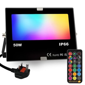 HEKEE LED FloodLight Outdoor 50W, Colour Changing RGB Flood Light, Timing, Remote Control Included, IP66 Waterproof