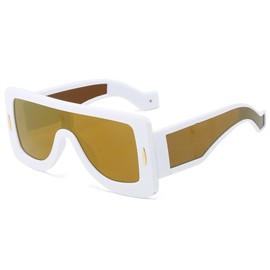 Bsreyeop Fashion Mask Sunglasses for Women Men Futuristic Shield Sun Glasses Oversized Flat Top Sunnies (White/Glod Mirror C3)
