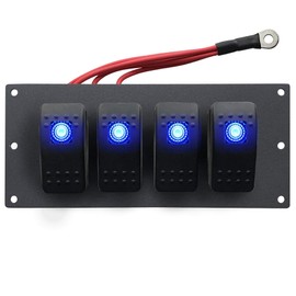 MGI SpeedWare 4 LED Rocker Switch Panel, 12/24vDC Automotive and Marine, Black Powdercoat Steel (Blue)