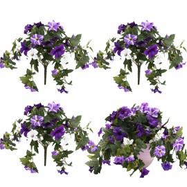 Daifunli 4 Pack Artificial Morning Glory Artificial Fake Flowers Plants Faux Petunias Decoration Silk Petunias UV Resistant Hanging Morning Glory Flower for Home Garden Porch Patio Yard (Purple)