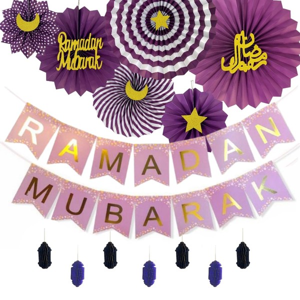 Eid Ramadan Mubarak Banner, Honeycomb & Paper Fan, Ramadan Mubarak