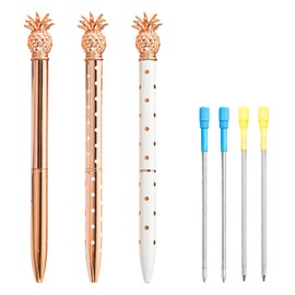 3 Pcs Rose Gold Pineapple Ballpoint Pens with 4 Pcs Pen Refills, Metal Retractable Ballpoint Pens, Fancy Pretty Rose Gold Pens, Cute Office Supplies, Gift Pens, 1.0 mm Ballpoint Pens