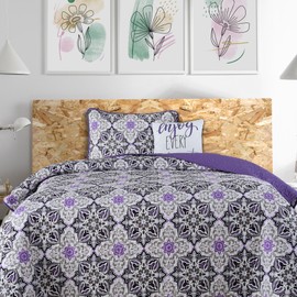 Hannah Linen Twin Quilt Set-3 Piece Quilt Sets Down Alternative Bedding-Reversible Lightweight Microfiber Bedding Set -1 Quilt, 1 Decorative Pillow & 1 Matching Quilted Pillow Sham(Twin,Purple Vidara)