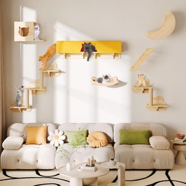 Homiflex Cat Wall Shelves and Perches, Solid Wood Wall Mounted Cat Furniture, Set of 13 Cat Climbing Shelves with Moon Hammock, House, Wall Ladder, Scratching Post and Cat Tunnel