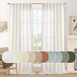LAMIT 102 inch Semi Sheer Linen Curtains for Living Room, Back Tab and Rod Pocket Ivory White Curtains Light Filtering Country Rustic Neutral Drapes for Bedroom/Farmhouse, 2 Panels, 52 x 102 Inch