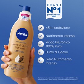 NIVEA Crema Corpo Burro di Cacao Nutriente 400 ml, Crema idratante corpo 48h+ arricchita con Acido Ialuronico Puro, Burro di Cacao e Siero Nutrimento Intenso, Body lotion per pelle secca o molto secca