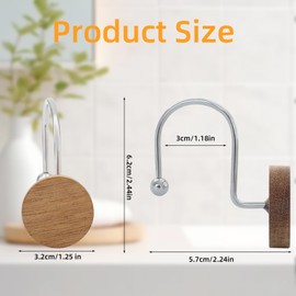 Shower Curtain Hooks, Wood Decorative Shower Curtain Rings, Modern Round Log Shower Curtain Hangers, 12PCS Metal Shower Hooks for Shower Curtain Rod, Bathroom, Bedroom, Living Room (Silvery)