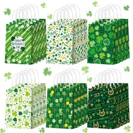 Glenmal 24 Pcs St. Patrick's Day Paper Gift Bags Bulk with Handle Shamrock Irish Goodie Bags Clover Treat Bags Lucky Candy Bags for Happy St. Patrick's Party Favor Supplies Wedding Birthday