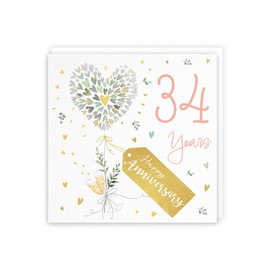 Hunts England - 34th Anniversary Card - 34 Years - Contemporary Hearts - Gold Foil - Luxury 34th Wedding Anniversary Card For Couples, Partner, Husband, Wife, etc. - Milo's Gallery