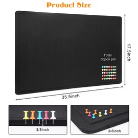 Bulletin Board - 35 x 17.5 inches Decorative Felt Pin Board - Cork Board Alternative for Wall - Foldable Photo Board Self-Adhesive Prayer Board with 20 Pushpins - Black