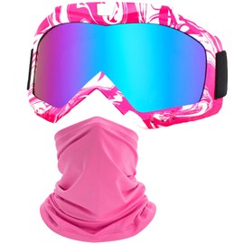 immoono Motorcycle Skiing Goggles with Neck Gaiter for Women Girls, OTG Anti UV Fog ATV Dirt Bike Motocross Riding Glasses, Camo Pink Frame Solid Pink Face Cover