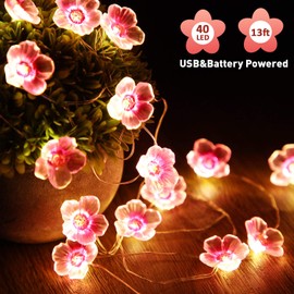 Cherry Blossom Flower String Lights for Girl Bedroom, Pink Fairy Lights 13 Feet 40 LEDs USB and Battery Operated Decorative Lights Indoor Outdoor