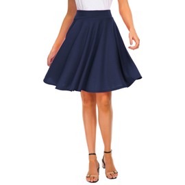 EXCHIC Women's Casual Stretchy Flared Midi Skater Skirts Basic A-Line Pleated Midi Skirt (S, Navy)