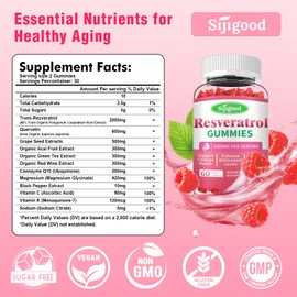 Sijigood Sugar Free Resveratrol Gummies 2000mg, Resveratrol-Nutritional-Supplements, Enhance Antioxidant Levels, Support Cellular Health, Promote Youthful Vitality, Raspberry Flavor, 60 Count