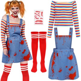 RUODON - Conjunto de disfraz de muñeca asesina de pesadilla para mujer, vestido general, camisa de rayas arcoíris, con medias y pegatina para Halloween