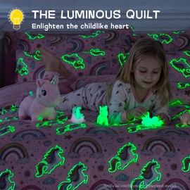 Kautudrum Glow in The Dark Kids Comforter Set, 5 Piece Twin Size Bed in a Bag for Girls, Soft Pink Unicorn Bedding Set with Sheets Pillow Sham, Complete Bedroom Decor