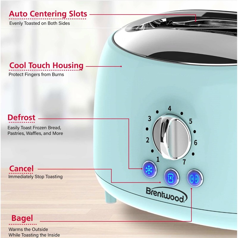 Brentwood Appliances Cool-Touch 2-Slice Retro Toaster with Extra-Wide Slots (Blue)
