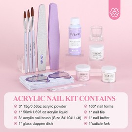 SAVILAND Acrylic Nail Kit – 3 Colors Clear White Pink Acrylic Powder and Liquid Set Nail Tools Kit with Acrylic Nail Brushes Extension Manicure Kit for Home DIY Acrylic Nails Application