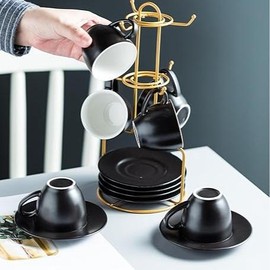 YHOSSEUN Coffee Espresso Cups with Saucers Set with Cup Holder 4 oz, Set of 6 - Demitasse Cups Black - Color: Black, Weight: 4.0 ounces