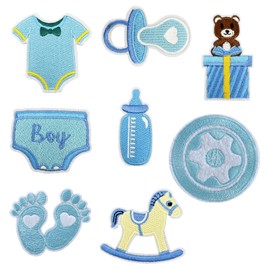 HEYTRCO 8PCS Baby Boy Iron on Patches, Blue Cartoon Infant Pacifier Bottle Embroidered Patches for Clothes, Custom Gift Footprint Applique for Kids, Boys, Hats, Jeans, Jackets, Bags, Backpacks, Dress
