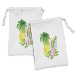 Lunarable Surf Fabric Pouch Set of 2, Illustration of Funky Summer Insignia with Palms and Surfboard Tidal Bore Print, Small Drawstring Bag for Toiletries Masks and Favors, 9" x 6", Green Yellow Pink