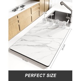 Rnivvi Dish Drying Mat for Kitchen Counter, XL 15 x 24" Cute Marble Super Absorbent Draining Pad, Non-Slip Heat Resistant Coffee Bar Mats for Coffee Machine Station Accessories, White Dish Rack Pad