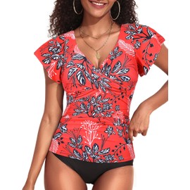 Hilor Womens Swimsuits 2025 Tummy Control Swimwear Top Only Front Twist Bathing Suit Short Sleeve Tankini Tops Red&White Floral 18