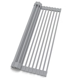 INTRESTIN Roll Up Dish Drying Rack Over Sink, 20.47" x 12.99" Foldable Silicone Wrapped Stainless Steel Over The Sink Dish Drying Rack, Grey