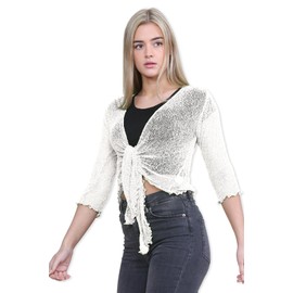 janisramone® Women s Shrugs, Double Fine Knit 3/4 Sleeve Tie Front Top, Bolero Cardigans for Women, Stretchy Cropped Cardigan, Lightweight Summer Shrug, Ladies Evening Tops Cream