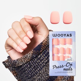 WOOYAS Press On Nails Short, Neon Bright Pink Square Fake Nails for Women - Matte Solid Color Glue On, Natural Gel Stick On, 24Pcs Strong False Kit for Easy Salon Manicure