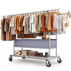 HOKEEPER Clothing Rack Heavy Duty Clothes Rack for Hanging Clothes Load 625LBS Extendable Double Rod Clothes Rack, Adjustable Rolling Garment Rack with Wheels, Basket & Shelves 71.2''W*23.6''D*68.5''H
