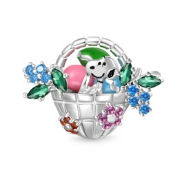 GNOCE Charm Bead Peanuts Snoopy Easter Eggs Basket Charm 925 Sterling Silver Beads Charms for Women and Girls Jewellery Gift for Fans, Silver, Cubic Zirconia