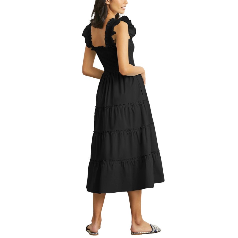 Rooscier Women's Square Neck Smocked Ruffle Sleeveless Tiered A Line