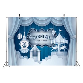 CORFOTO Fabric 5x4ft Circus Backdrop Photography Blue Stage Curtain Show Clown Carousel Carnival Background for Baby Shower Kids Birthday Party Banner Child Room Decor Portrait Photo Booth Props