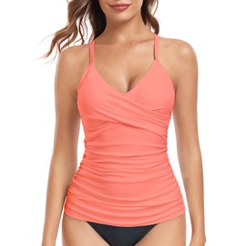 Ocean Blues Women's Orange-Pink Tummy Control Tankini Swimuit Top Push Up V-Neck Tankini Top Only Size Large