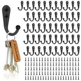 Hajoyful Coat Hooks-52 Pack Farmhouse Hooks with 104Pcs Screws, Black Decorative Rustic Coat Hooks Rack, Wall Mounted Single Prong Robe Hook, Vintage Organizer Hanging Wire Hook Clothes Hanger