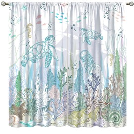 AAVEUP - Cortinas de tortugas oceánicas para niños, acuarelas simples de dibujos animados, estrellas de mar de coral y conchas marinas, medusas, velero, náuticas, para niños, niñas, cuarto de estar,