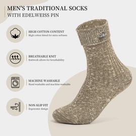 Zoruam Men's Costume Stockings with Edelweiss Pin, Brown Beige Costume Socks for Men, Accessories for Oktoberfest Men's Outfit, Costume Shoes