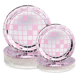 Disco Party Supplies - Disco Ball Paper Plates 70s Disco Party Decorations Disco Birthday Party Supplies(50Pcs) - Pink