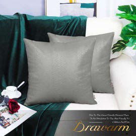 BRAWARM Gray Leather Throw Pillows 16 X 16 Inches, Snake Leather Pillow Covers Pack of 2, Faux Leather Decorative Pillow Covers for Couch Living Room Garden Bed Sofa Home