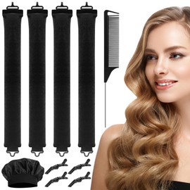 IETWATE Set of 4 Hair Rollers Overnight, DIY Heatless Curls Band, Rubber Hair Curls Without Heat with Hooks, Overnight Blowout with Hair Caps for All Hair Type Styling, Black