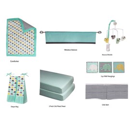 Bacati Elephants Crib Bedding & Nursery Decor Set 10 pc Crib Bedding Set with 2 Crib Fitted Sheets (Mint Yellow Gray)