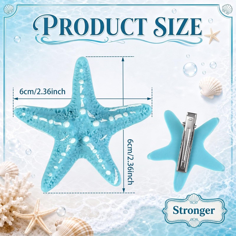 4pcs Mermaid Hair Accessories Starfish Hair Clips, Blue, Starfish
