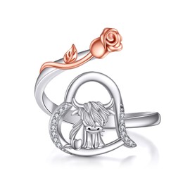 POPLYKE Highland Cow Open Ring Sterling Silver Cow Rose Heart Adjustable Jewelry Animal Gift for Women