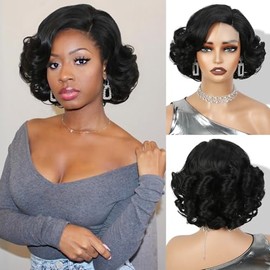 WIGNEE 10 Inch Side Part Short Curly Lace Wig Loose Wave Bob Wigs(Black) | Natural Black, 4×1 Lace, Curly Wave, Synthetic Hair, Glueless, Heat Resistant Fiber, Natural Looking, For Women Daily Wear