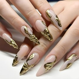Gold French Tip Press on Nails Stiletto Fake Nails Nude False Nails with 3D Gold Irregularity Chrome Design Y2K Glue on Nails Glossy Acrylic Nails Long Almond Stick on Nails for Women 24Pcs