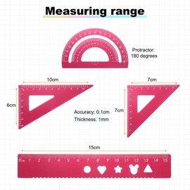 HARFINGTON 4pcs Triangular Ruler Set 15mm Aluminum Ruler Geometric Protractor Triangle Ruler Engineering Scale Drafting Ruler Kit for Office Home, Red